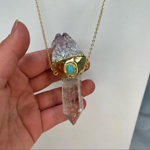 Large Gold Electroformed Aura Quartz & Amethyst Crystal Necklace